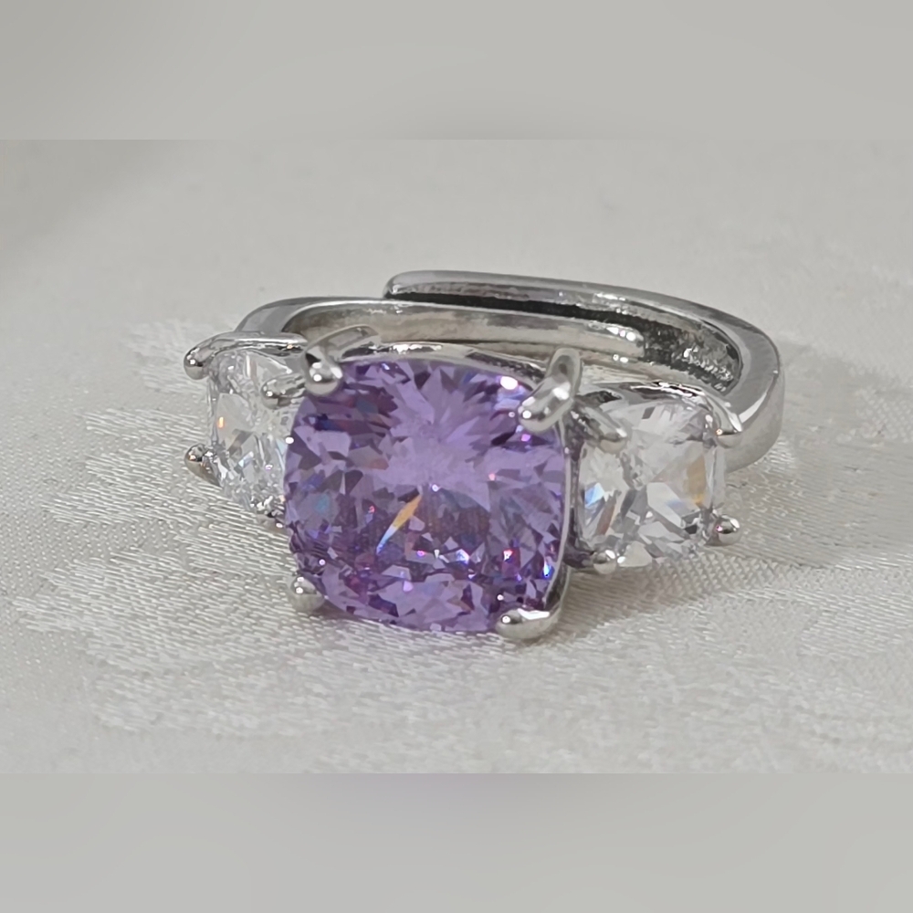 Silver Tone, Clear and Purple Cushion Cut CZ Ring